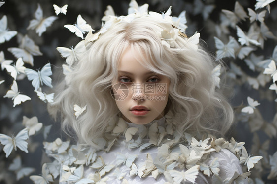 蝴蝶包围的美丽白发少女图片