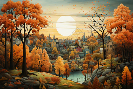 落日秋天美丽的小镇图片