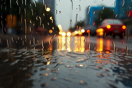 傍晚时下雨天湿滑的城市街道图片
