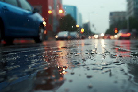 下雨天安全湿滑城市街道上驾驶的汽车背景