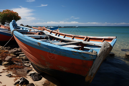 沙滩上停靠的渔船图片