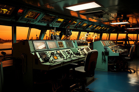 黄昏时海洋中的船舶驾驶室图片