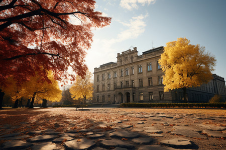 秋季布满落叶的校园背景图片