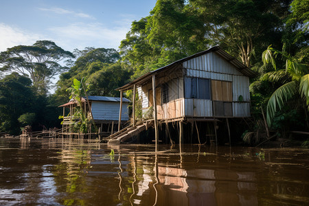 热带河流上的木屋图片