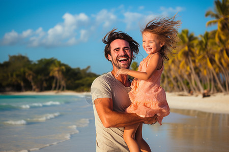 海边父亲抱着孩子度假的父亲背景