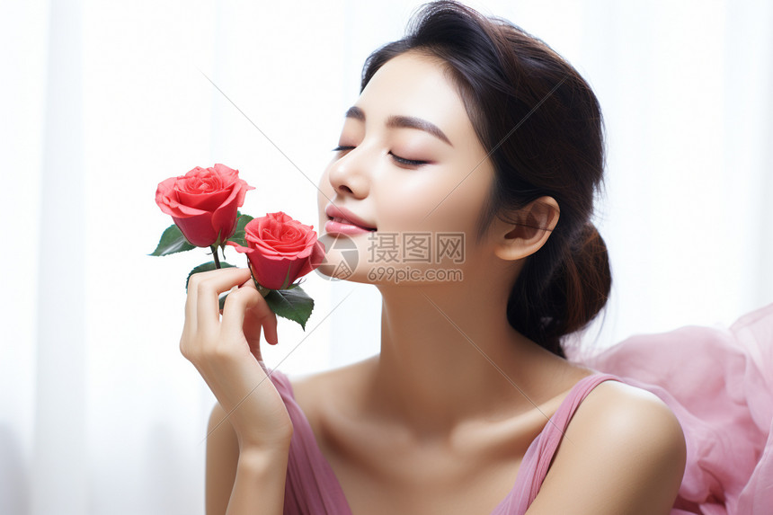 欣赏花朵的美丽女人图片