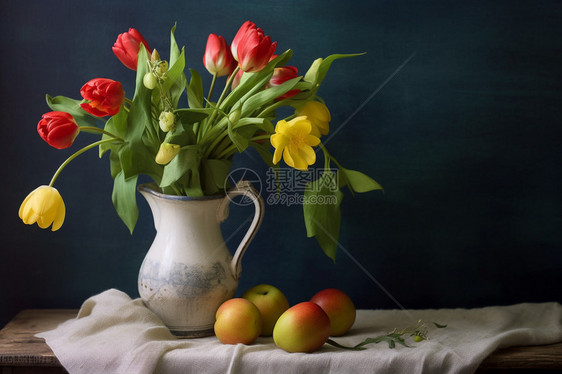 桌子上的花束与苹果静物图片
