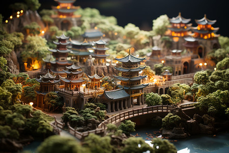 中式古镇旅游手工制作的微型古镇模型设计图片