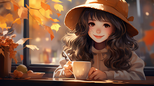 女孩在餐厅里喝奶茶背景图片