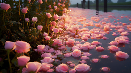 玫瑰花田水面上的花朵背景