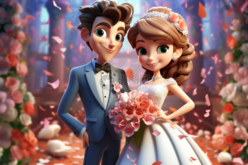 3D可爱卡通婚礼插画图片