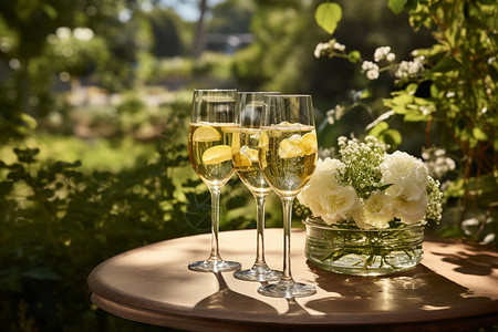 夏季特饮柠檬杯宁静花园中的香槟杯背景