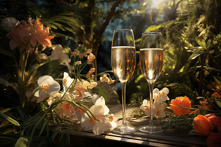 午后花园中的香槟杯图片