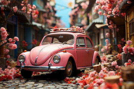 梦幻粉色世界的老式汽车图片