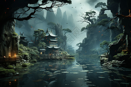 中式山水风景的水墨画背景图片