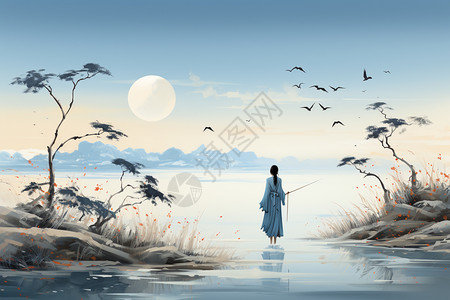中式艺术湖边的女子图片