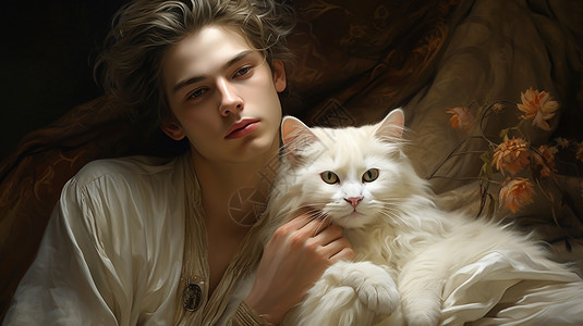 少年和猫白猫和男孩背景