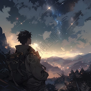 星空年轻人站在山顶上插画