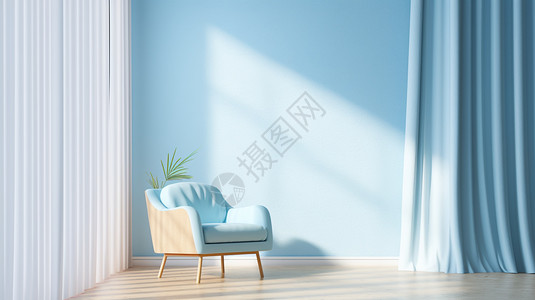 浅蓝色墙壁和白色窗帘图片