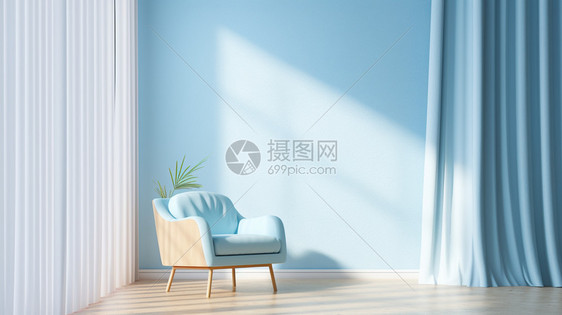 浅蓝色墙壁和白色窗帘图片