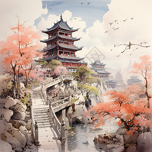 水墨风景中国风自然风景绘画插画