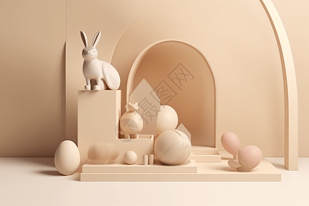 兔子粉彩米色3d场景图片