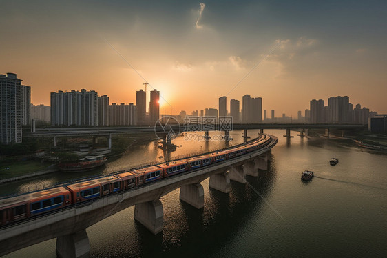 城市中的河流和建筑图片