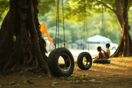 树木下安装的游玩轮胎图片