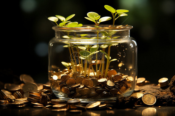 玻璃罐中的硬币和植物图片
