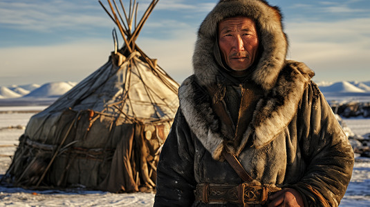蒙古人站在蒙古包前图片