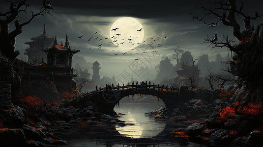 神秘的拱桥插画背景图片