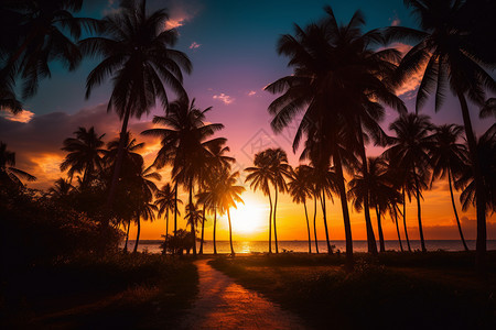 夕阳下的棕榈树图片