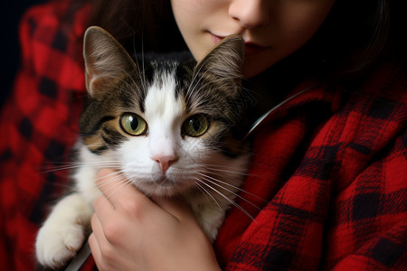 女孩与小动物可爱的狸花猫特写背景