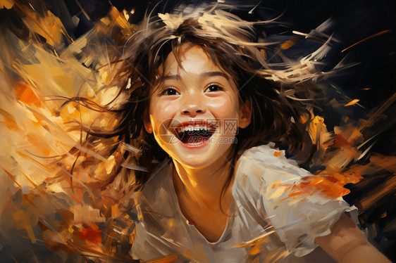 小女孩在金黄色的田野中微笑图片