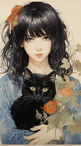 美女和猫背景图片