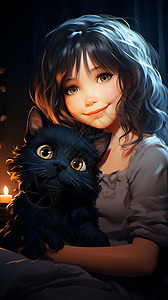 夜晚女孩和猫背景图片