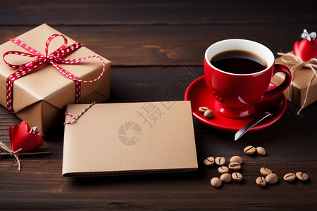 醇香咖啡与节日信封图片