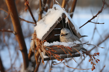 雪天树枝上的鸟窝背景图片