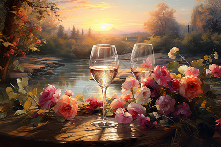 玫瑰饮品柔和环境中的玻璃杯插画