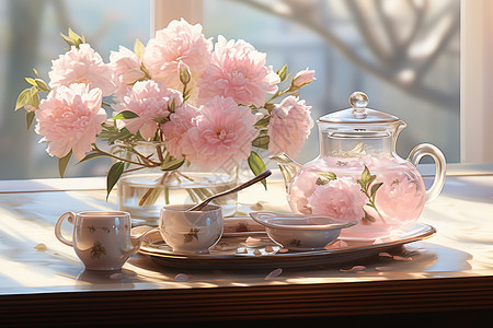 鲜花装饰的茶具图片