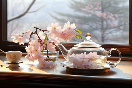 窗边优雅的茶具图片