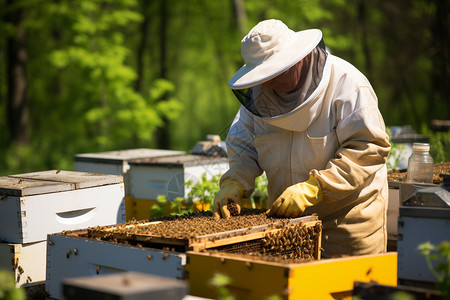 整理蜂蜜的养蜂人图片