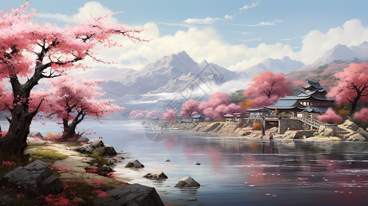 河边的樱花插画图片