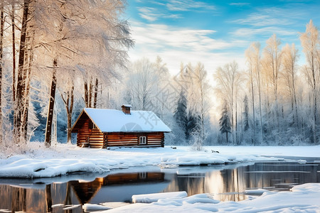 积雪湖边的小屋图片