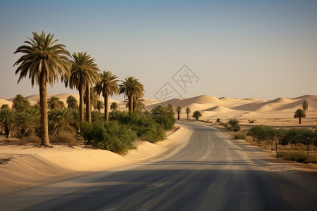 沙漠中的棕榈树公路图片