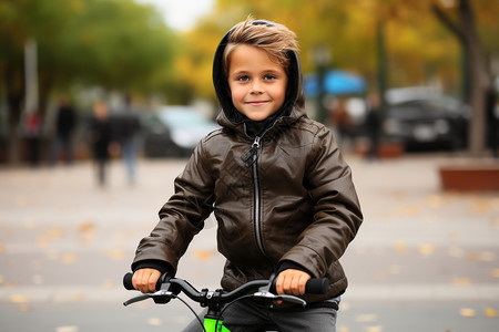 开心的小男孩在街上骑自行车背景图片