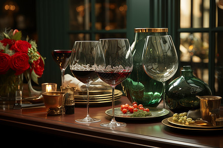 餐桌上的红酒和美食图片