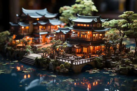 河岸边亮着灯光的建筑模型图片