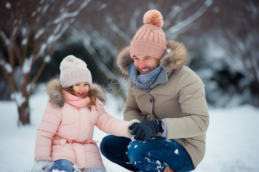 冬日快乐玩雪的父女图片