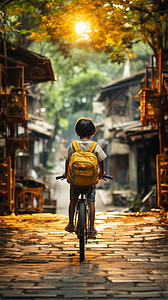 古镇街道中骑自行车的男孩图片